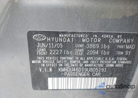 2009 Hyundai Elantra Gls from USA, damaged, VIN KMHDU46D19U805191